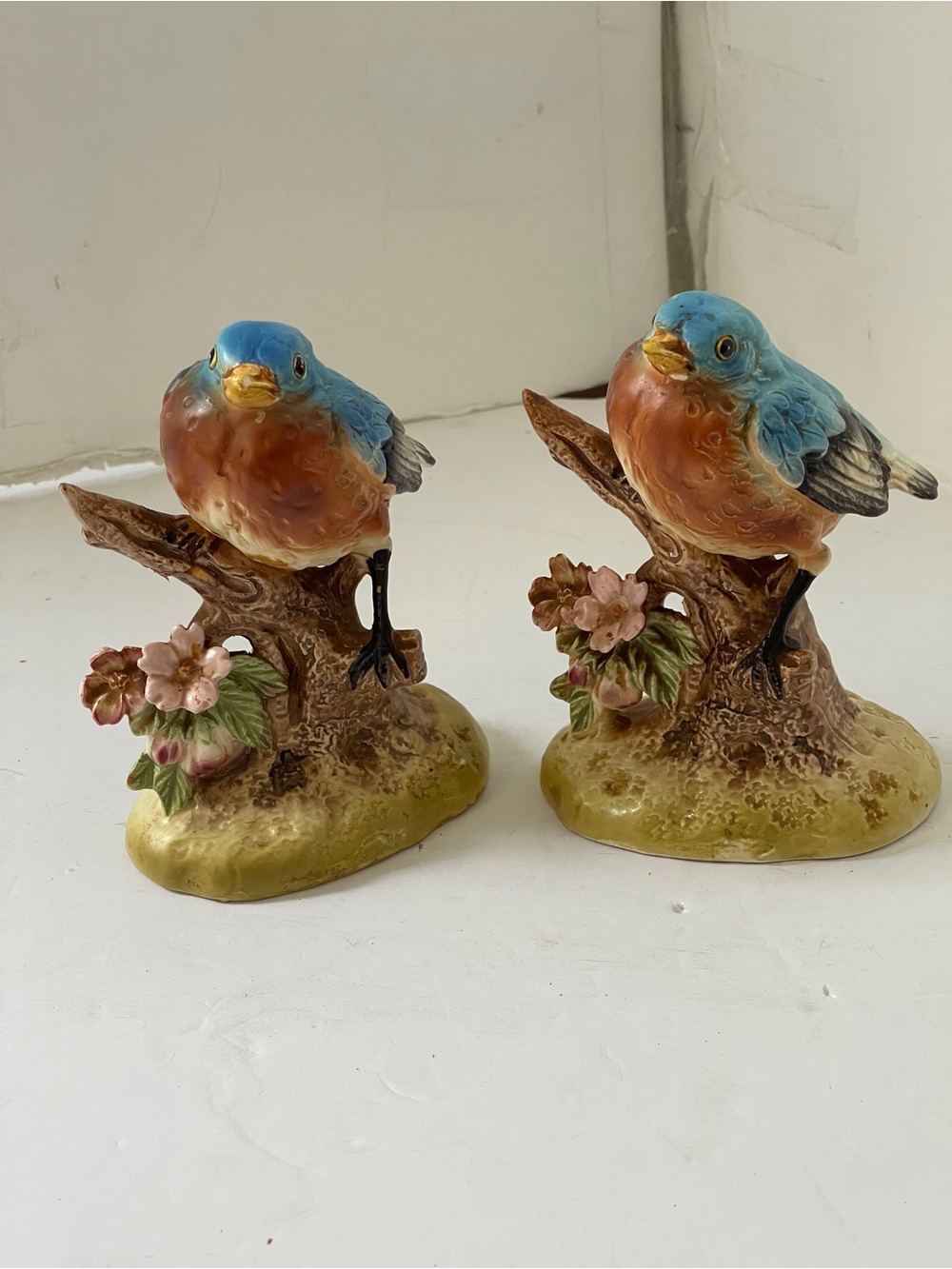 Vintage Ceramic Blue Birds Figurine Pair on Branch of Blossoms